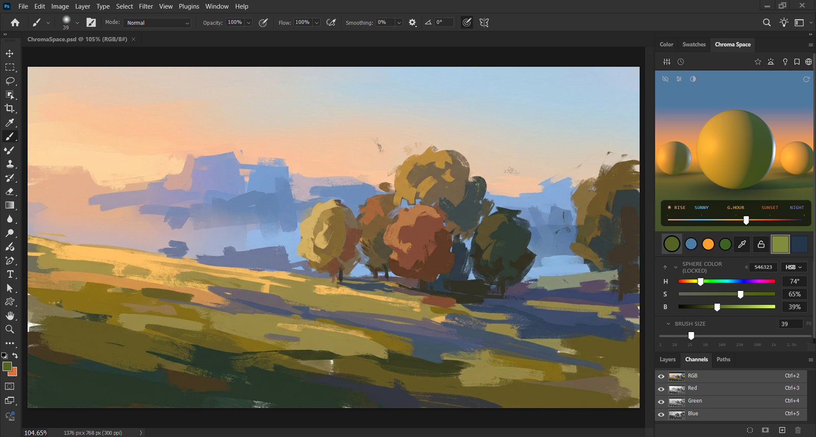 Chroma Space docked as a panel on the right of Photoshop, beside a golden-hour landscape painting in progress under the same light