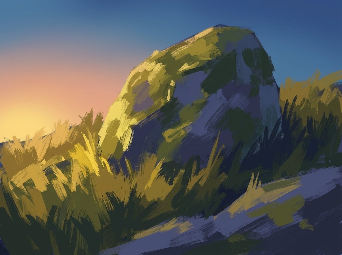 A painted study of a mossy boulder built from the same golden-hour lighting decision