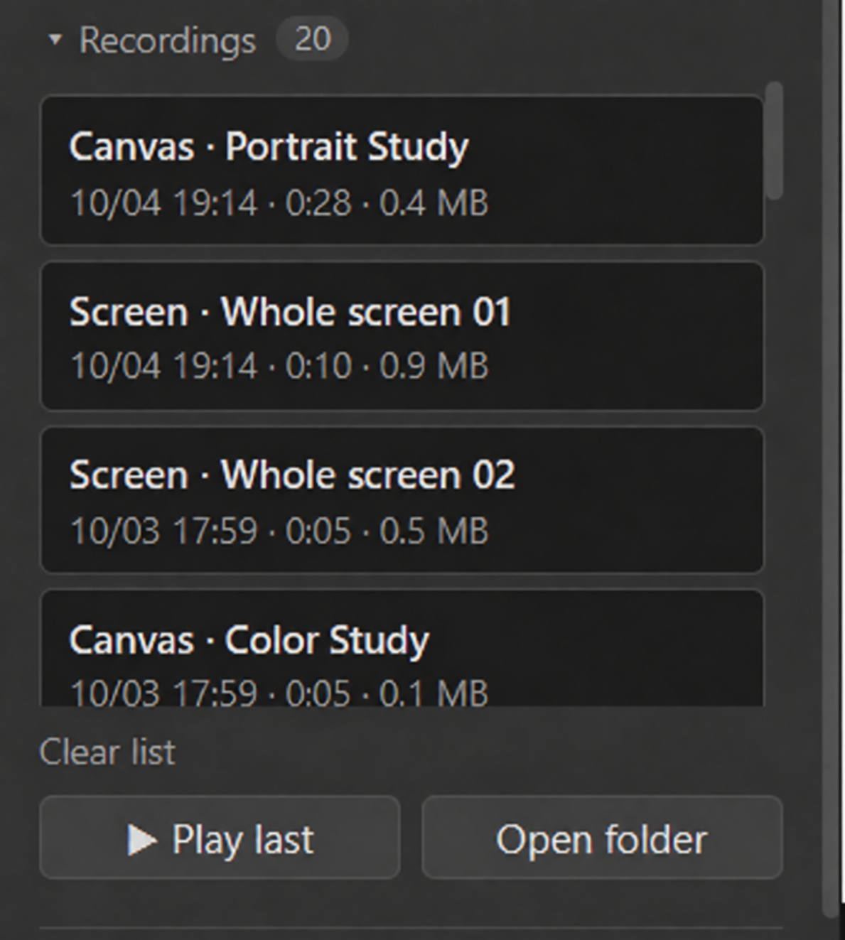 Example PaintRecord Recordings list showing distinct Canvas and numbered Whole screen takes, with Play last and Open folder buttons